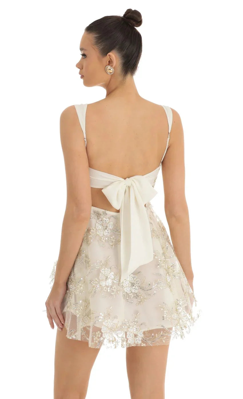 Floral Sequin Tulle Dress in White