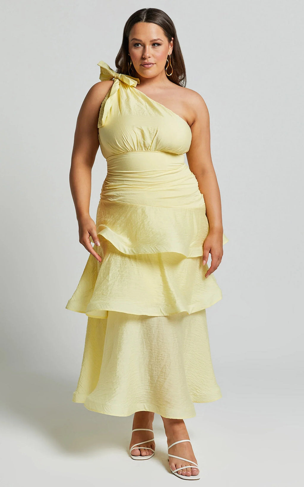 Eugenia Midi Dress - One Shoulder Fit and Flare Layered Dress in Yellow