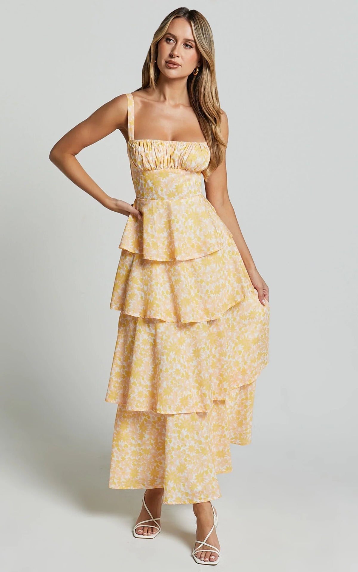 Lorma Midi Dress - Ruched Layered Dress in Orange Floral