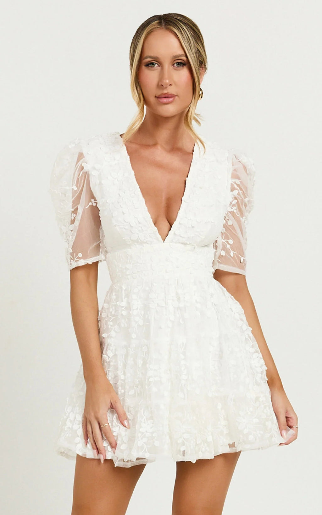 Pamela Mini Dress - Embroidered Plunge Tiered Dress in White