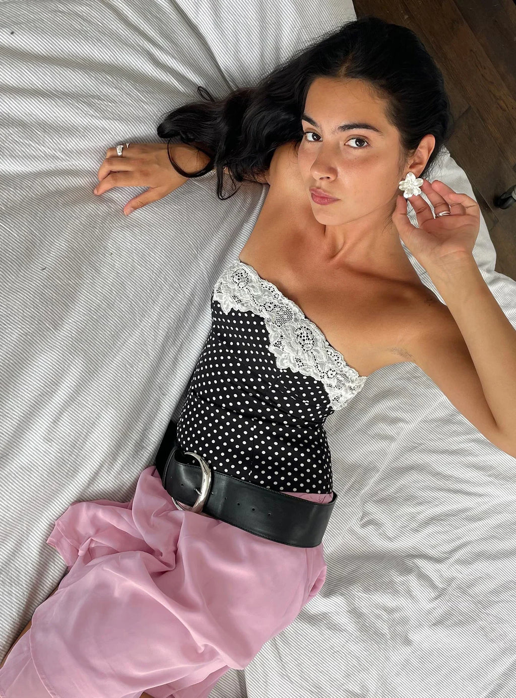 Ettore Lace Trim Strapless Top Black Polka