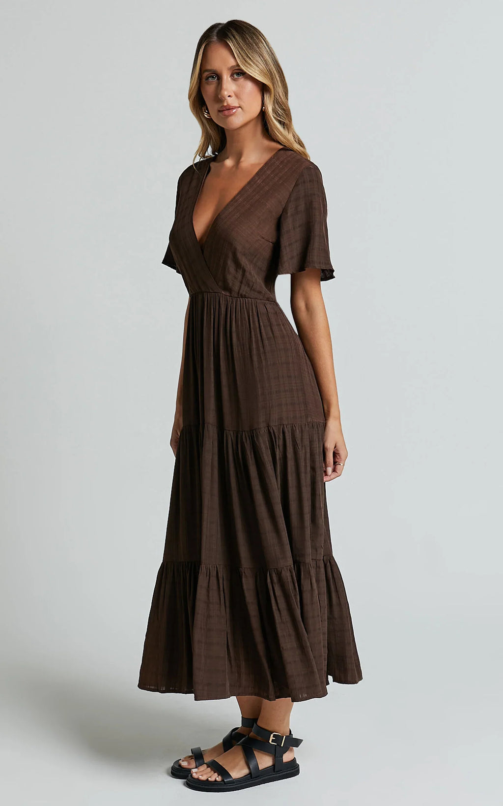 Cryzel Midi Dress - Flutter Sleeve Tiered Dress in Chocolate