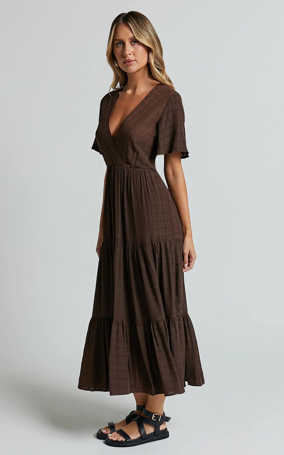 Cryzel Midi Dress - Flutter Sleeve Tiered Dress in Chocolate
