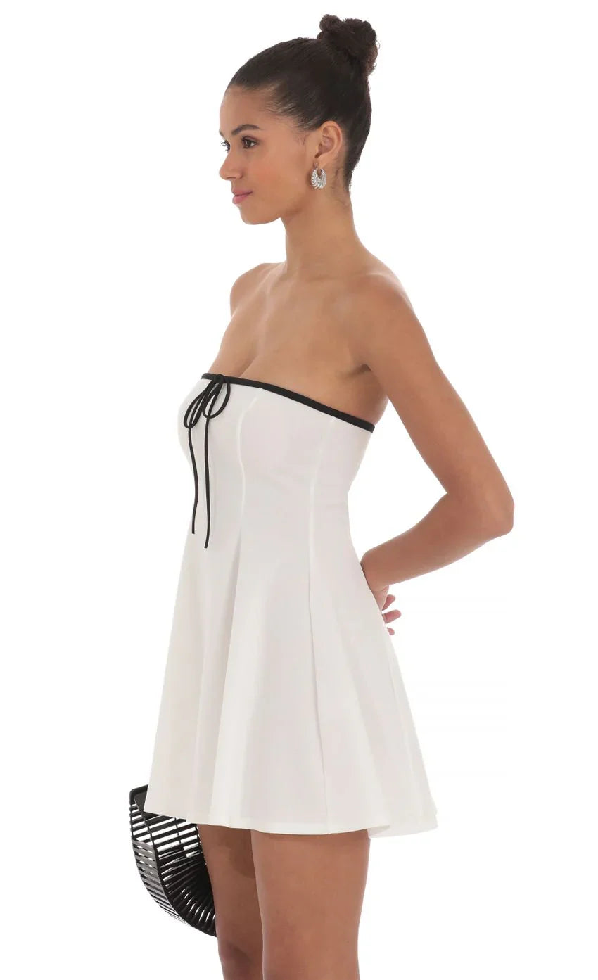 Black Trim Fit and Flare Dress in White