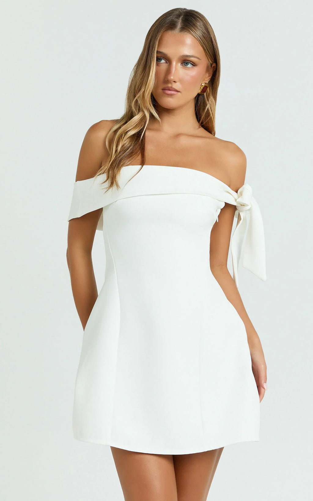 Cecilia Mini Dress - Off Shoulder Tie Detail Dress in White