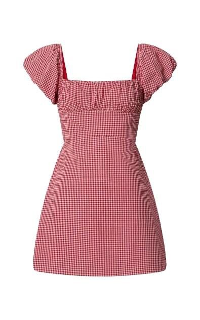 Ginny Mini Dress - Square Neck Ruched Bodice Puff Sleeve Straight Dress in Red Gingham