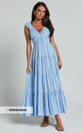 Nicollee Midi Linen Dress - Plunge Neck Sleeveless Tiered Dress in Blue