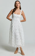 Clarissa Midi Dress - Square Neck Open Back A Line Dress in White