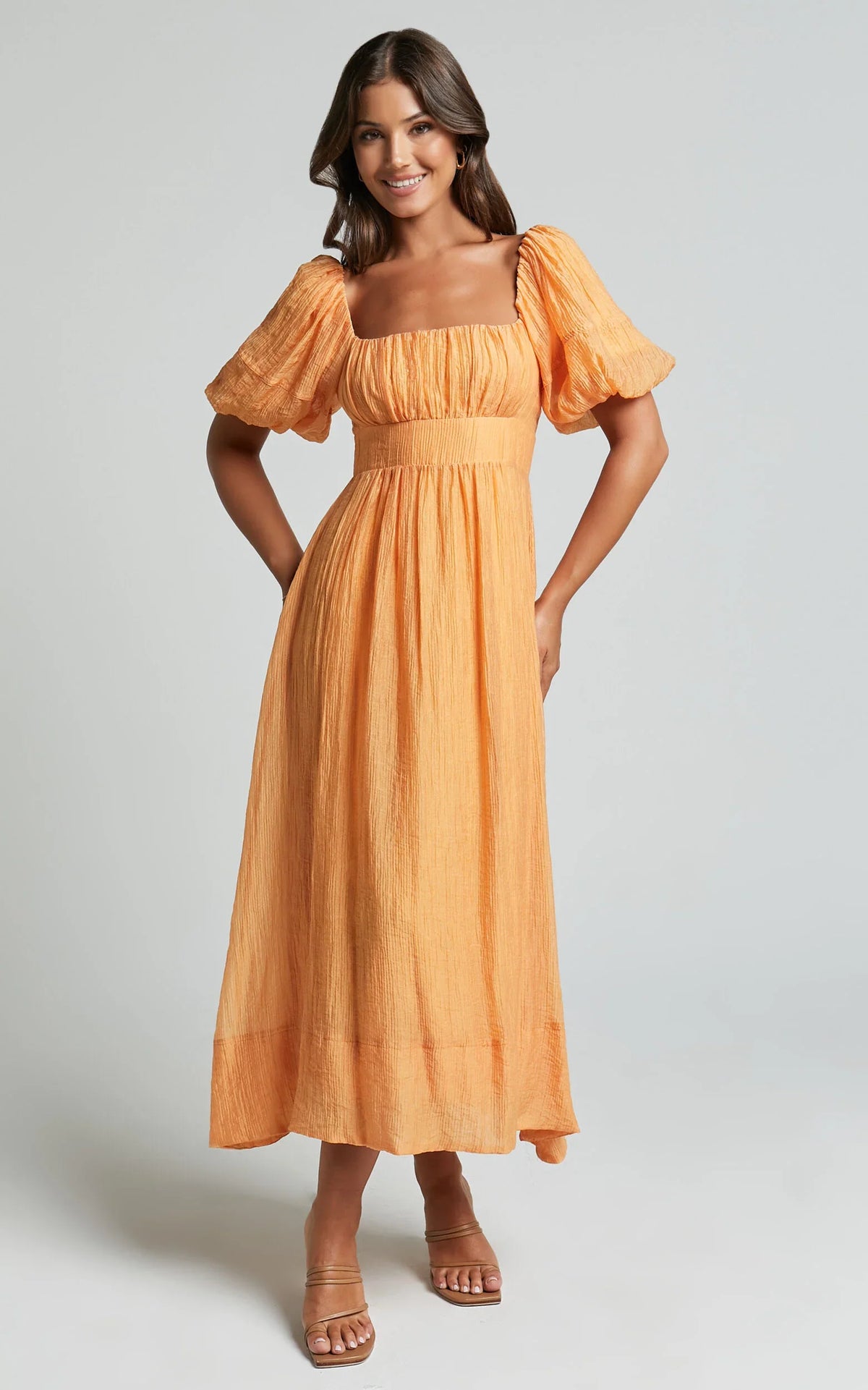Roshina Midi Dress - Straight Neck Puff Sleeve Dress in Orange