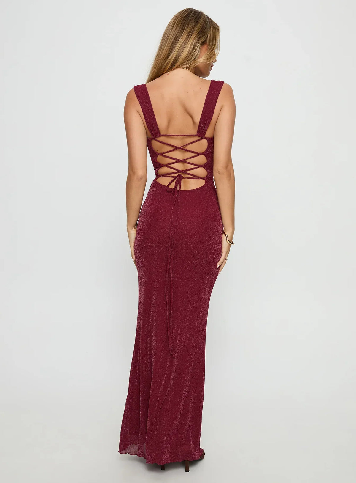 Crisanto Tie Up Ruched Maxi Dress Burgundy