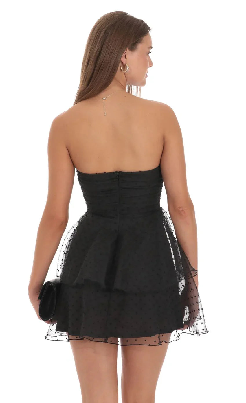 Dotted Petal Ruffle Strapless Dress in Black