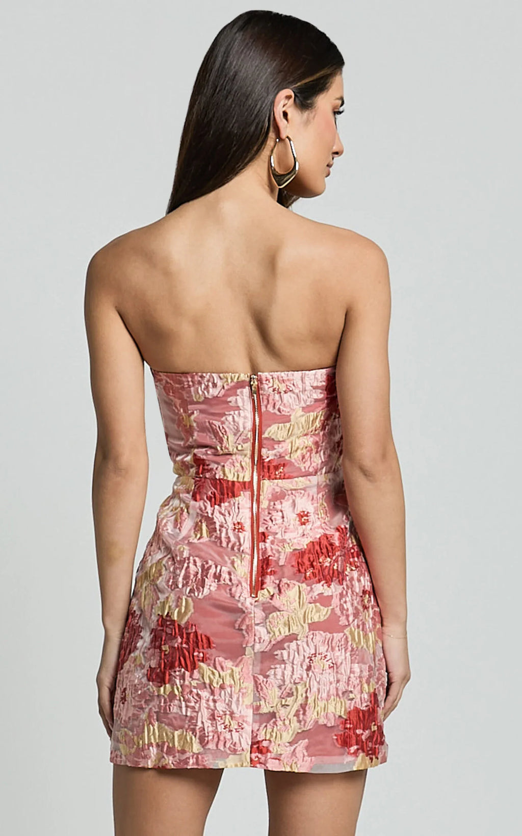 Atalia Mini Dress - Strapless Draped Jacquard Dress in Rust