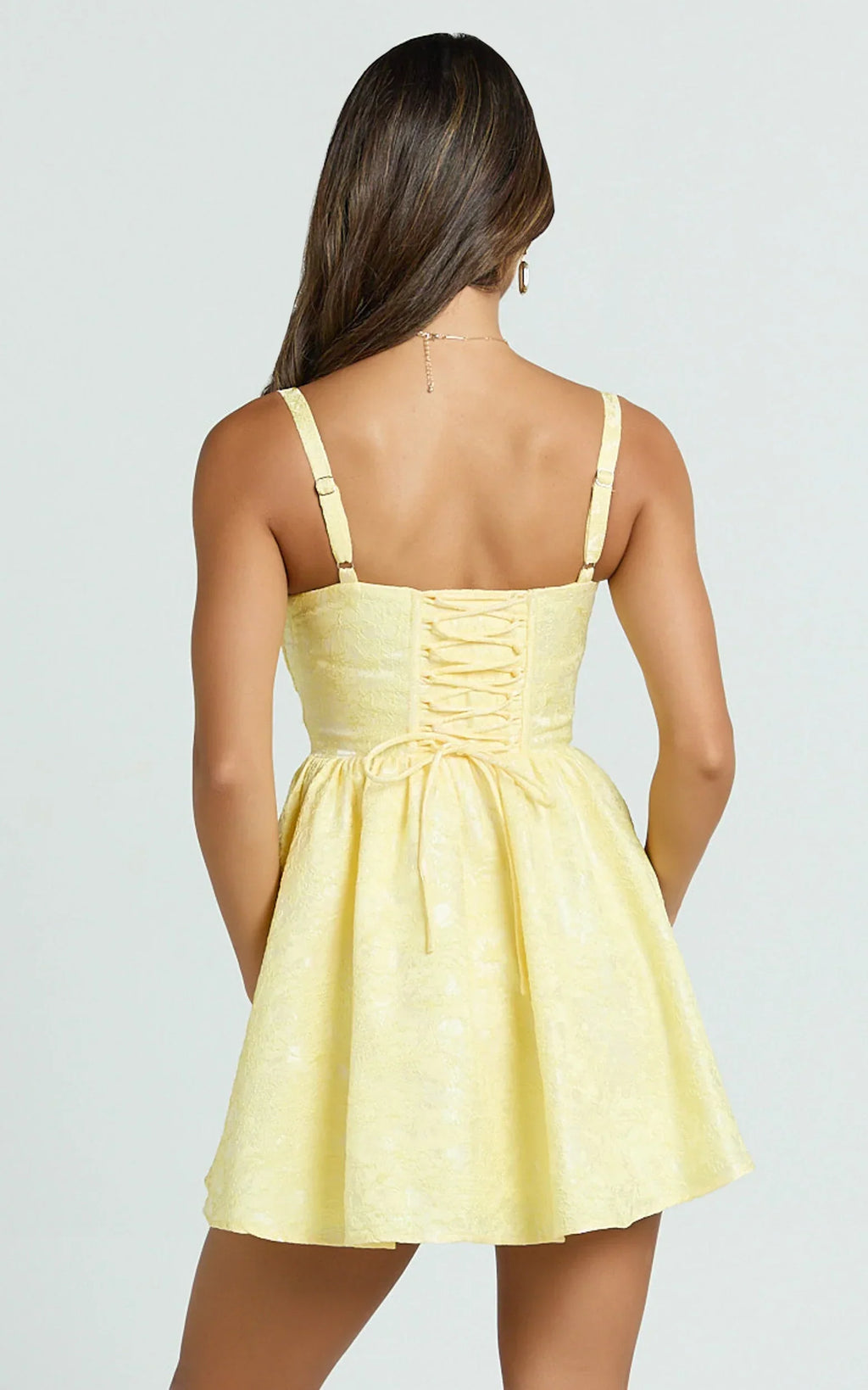 Eden Mini Dress - Jacquard Sweetheart Neck Lace Up Fit And Flare Dress in Yellow