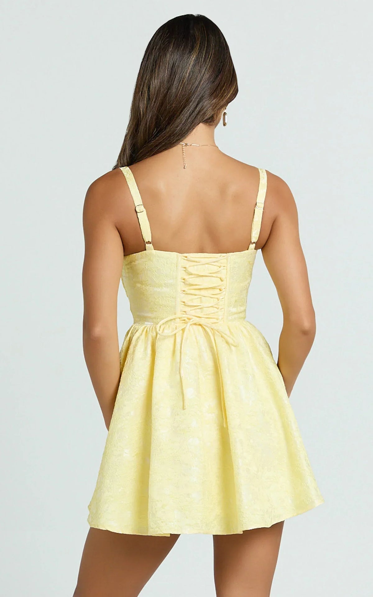 Eden Mini Dress - Jacquard Sweetheart Neck Lace Up Fit And Flare Dress in Yellow