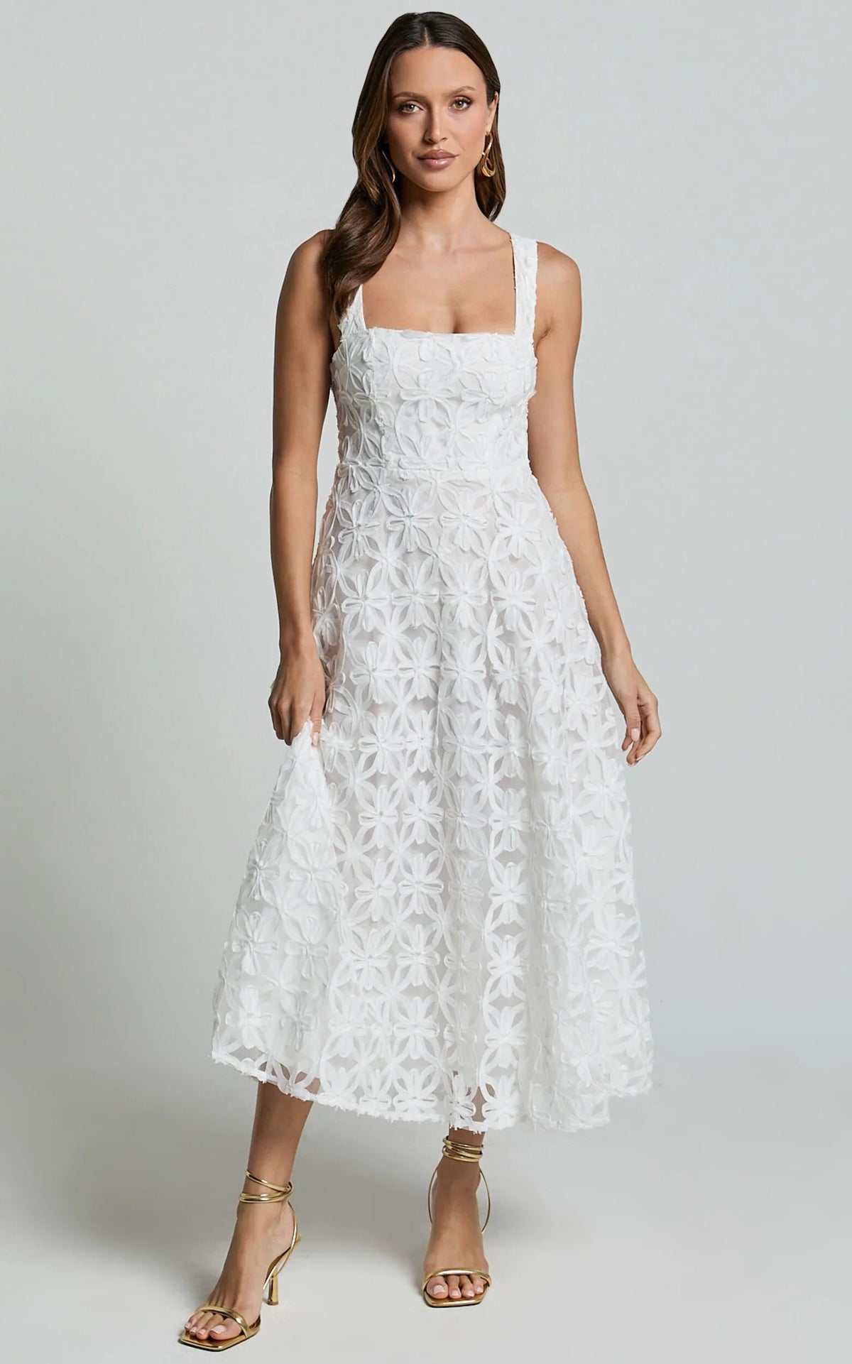 Clarissa Midi Dress - Square Neck Open Back A Line Dress in White