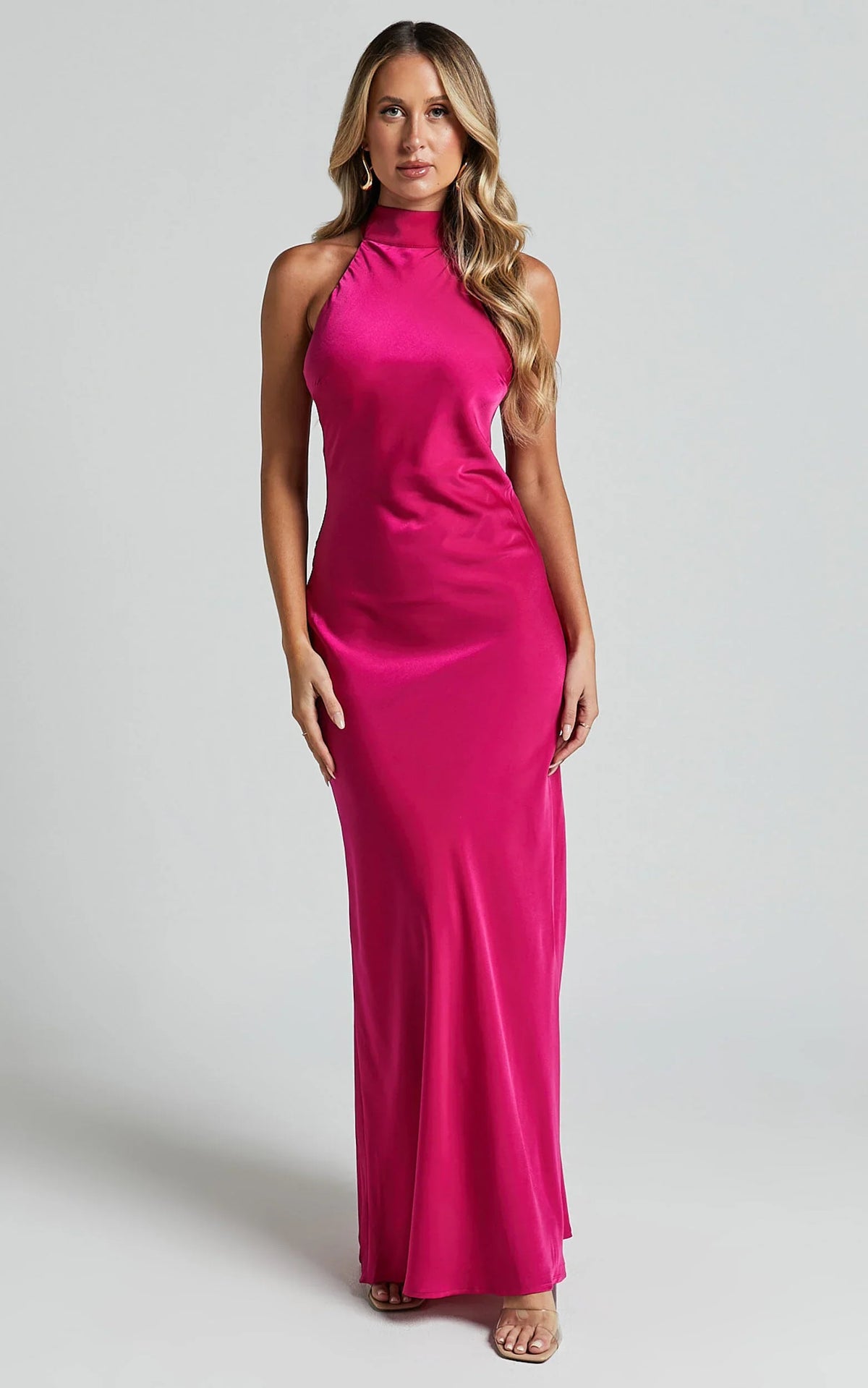 Alycia Maxi Dress - High Neck Tie Back Slip in Pink