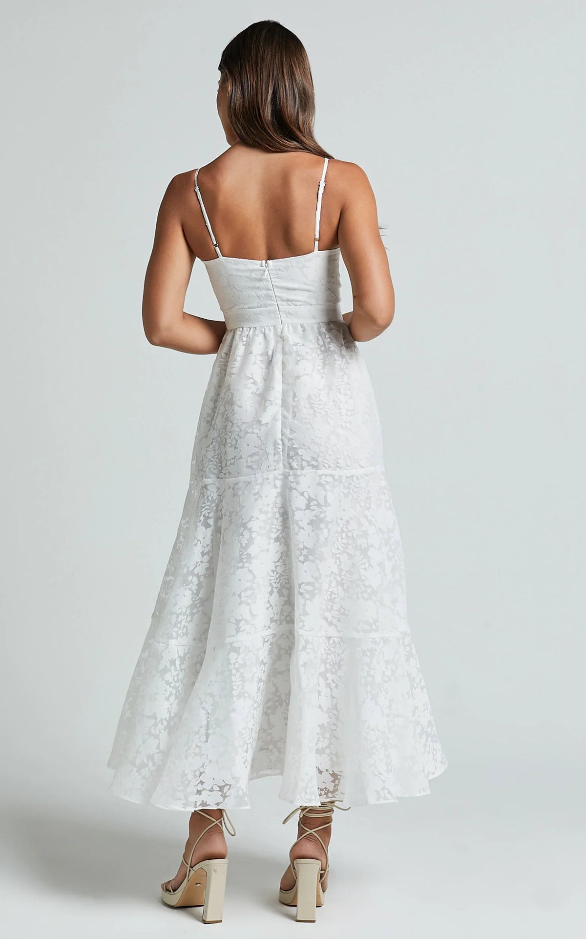 Jorie Midi Dress - Strappy Front Cut Out Tiered Skirt in White