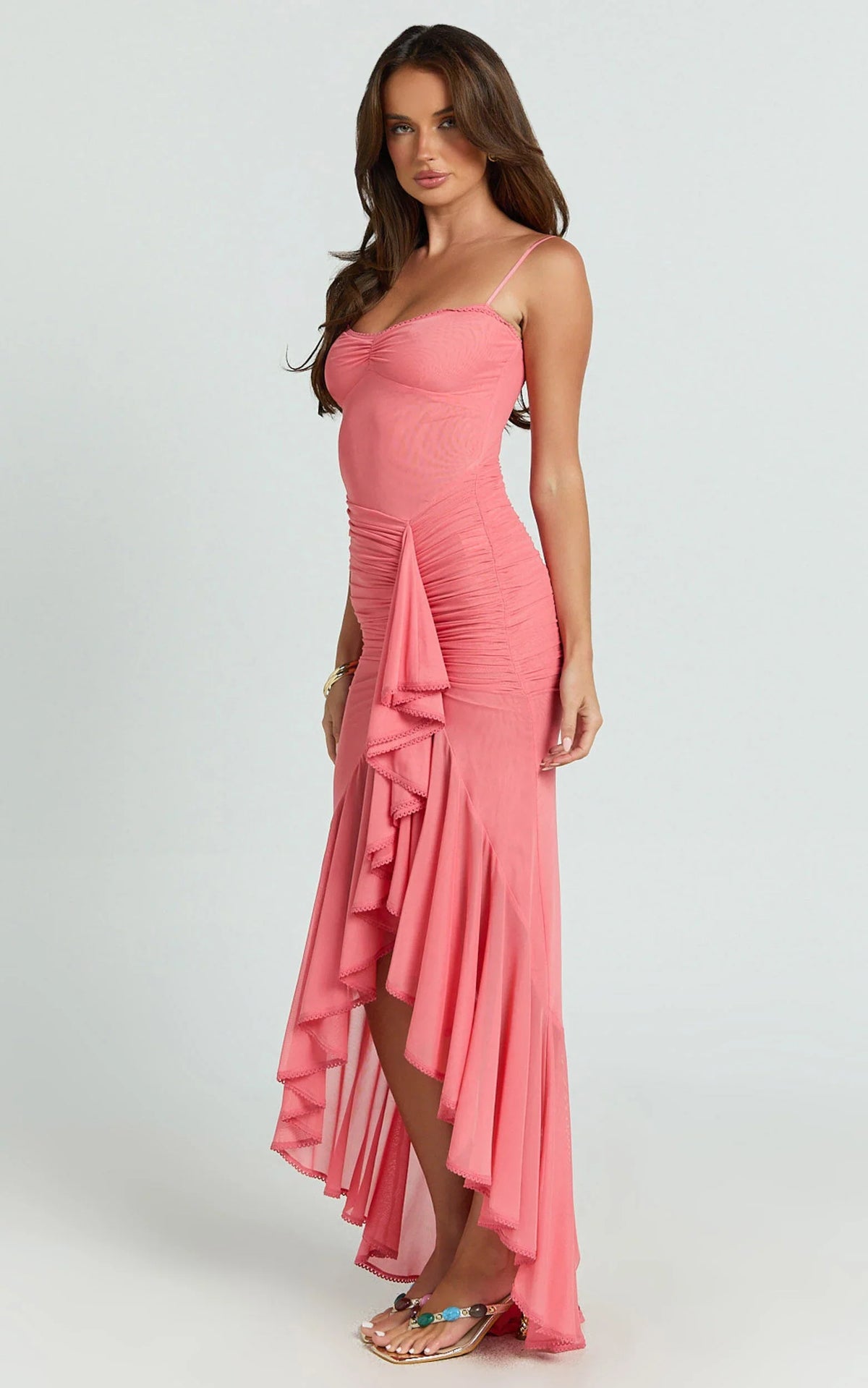 Brionna Midi Dress - Lace Neck Ruched Ruffle Hem Dress in Strawberry