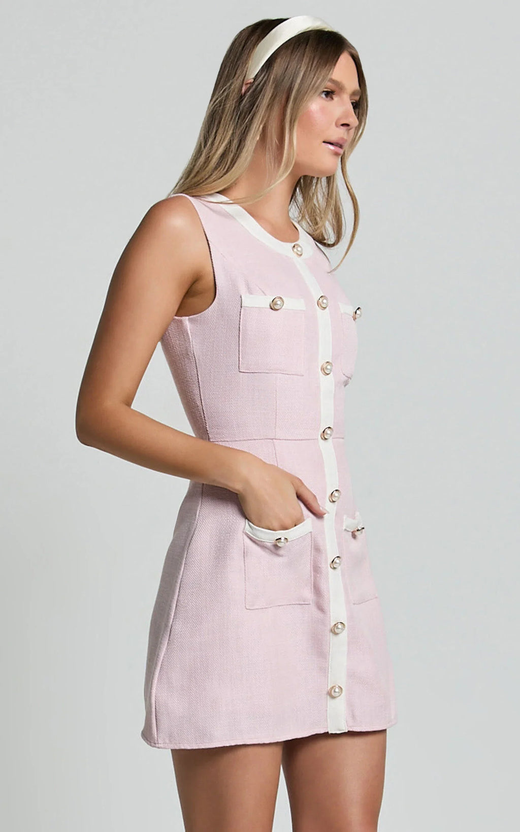 River Mini Dress - Boucle Button Through A Line Dress in Light Pink