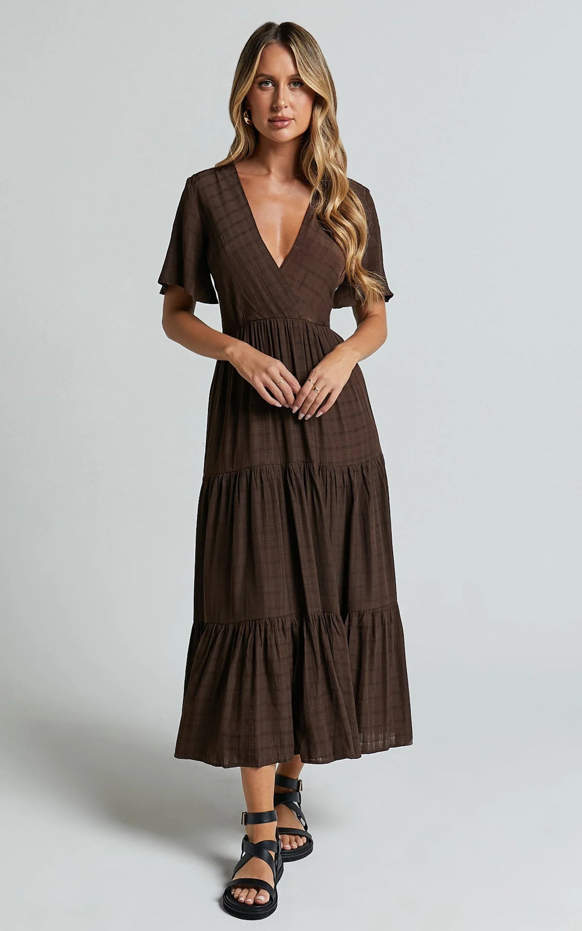 Cryzel Midi Dress - Flutter Sleeve Tiered Dress in Chocolate