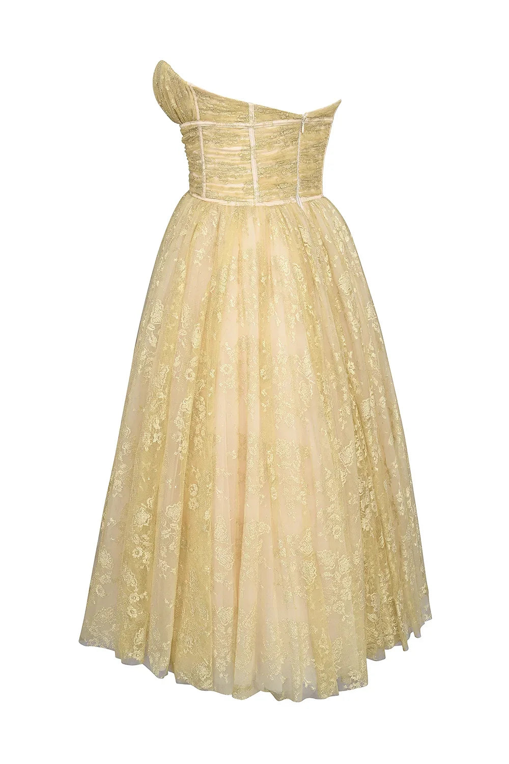 Gold Metallic Lace Tulle Midi Gown