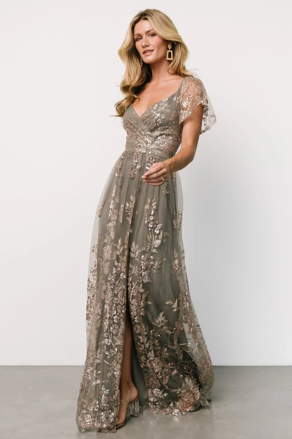 Corinne Shimmer Maxi Gown | Dark Sage + Rose Gold