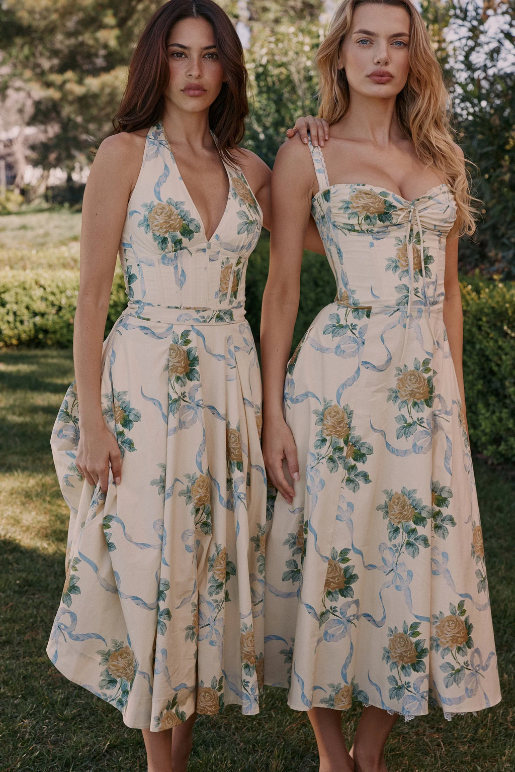 Lemon Vintage Ribbon Print Cotton Midi Dress