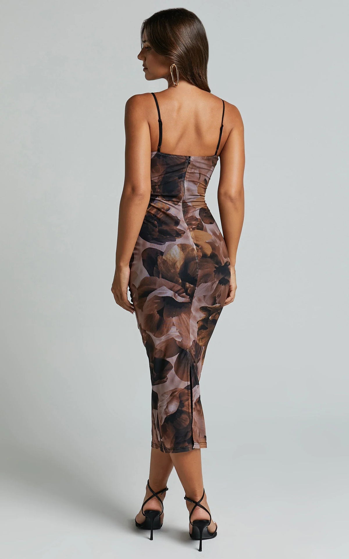 Rosalez Midi Dress - Strappy Ruched Bodycon Dress in Ember Floral