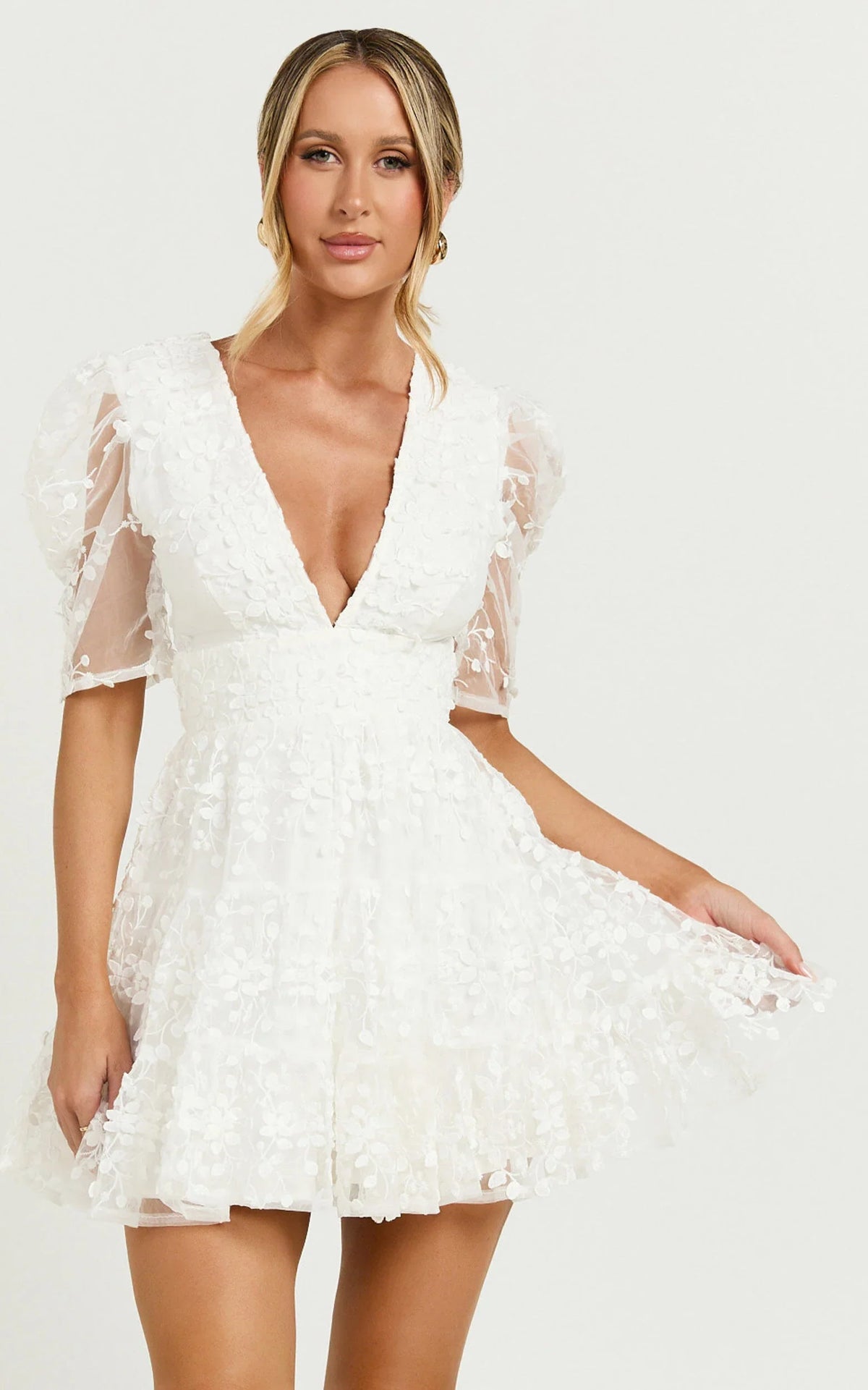 Pamela Mini Dress - Embroidered Plunge Tiered Dress in White