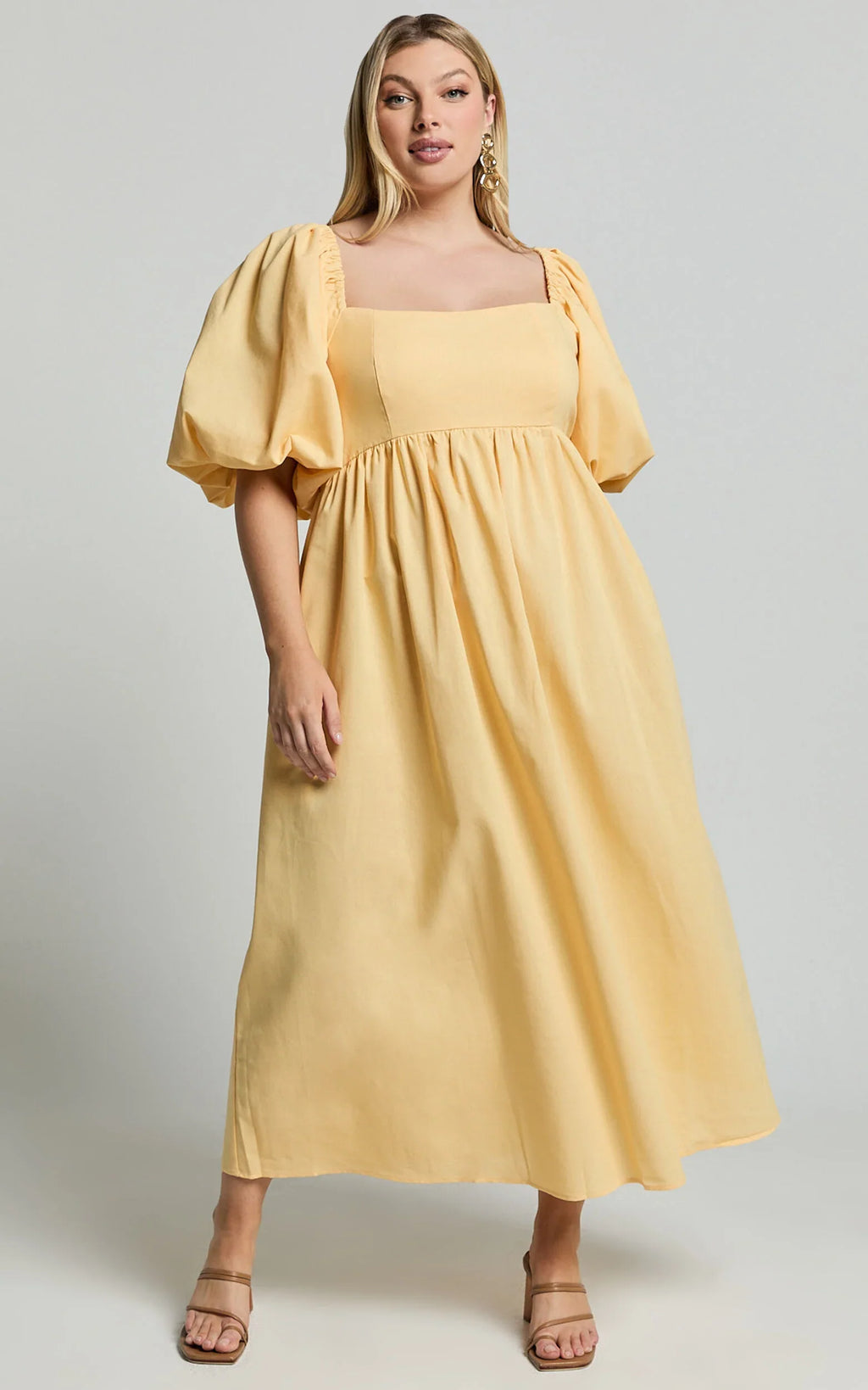 Cenia Midi Dress - Linen Straight Neck Shirred Back Puff Sleeve Dress in Lemon