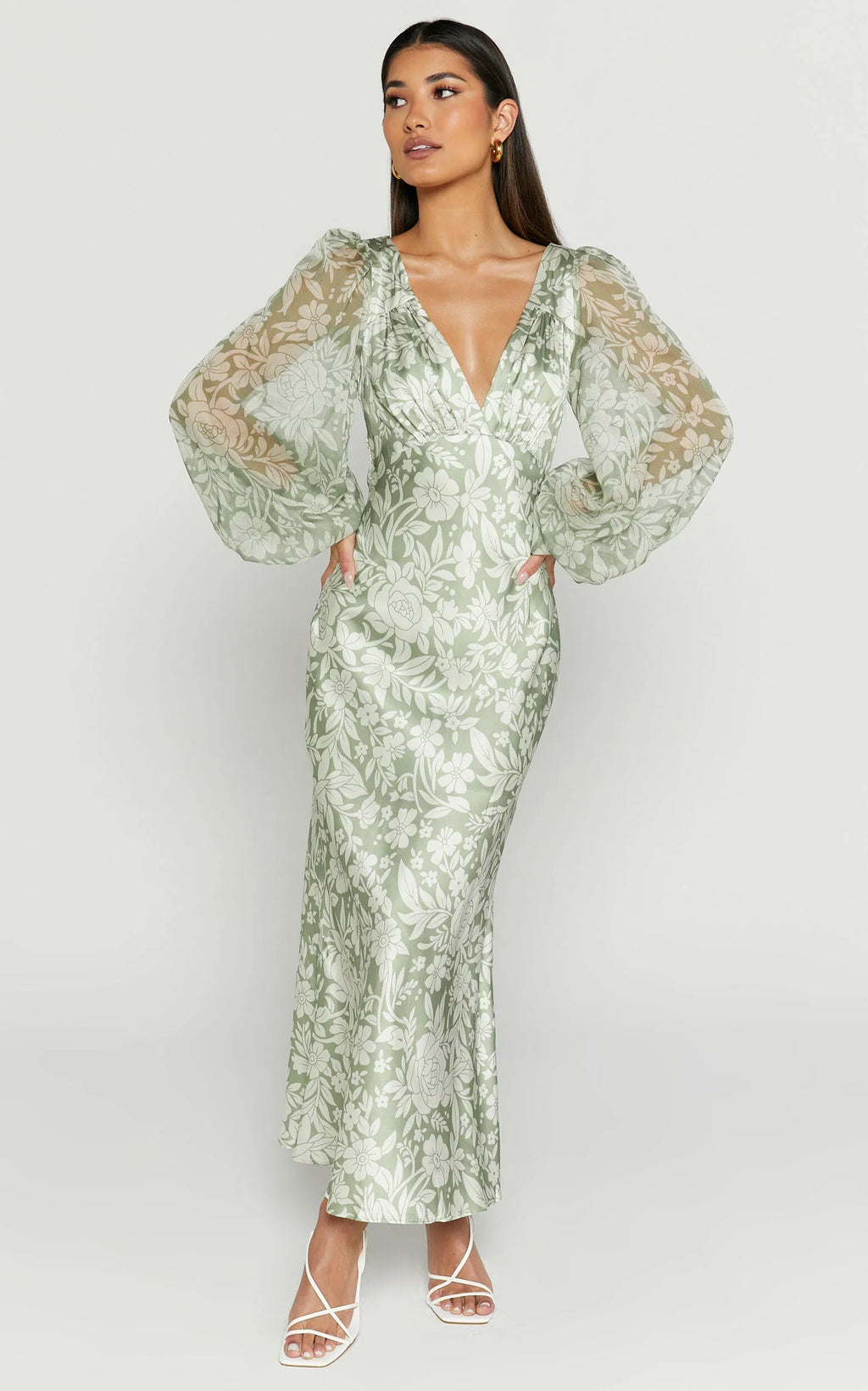 Freollyn Midi Dress - Deep V Neck Long Sleeve Dress in Sage