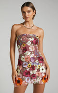 Wren Mini Dress - Strapless Bodycon Garden Flowers Dress in Burgundy