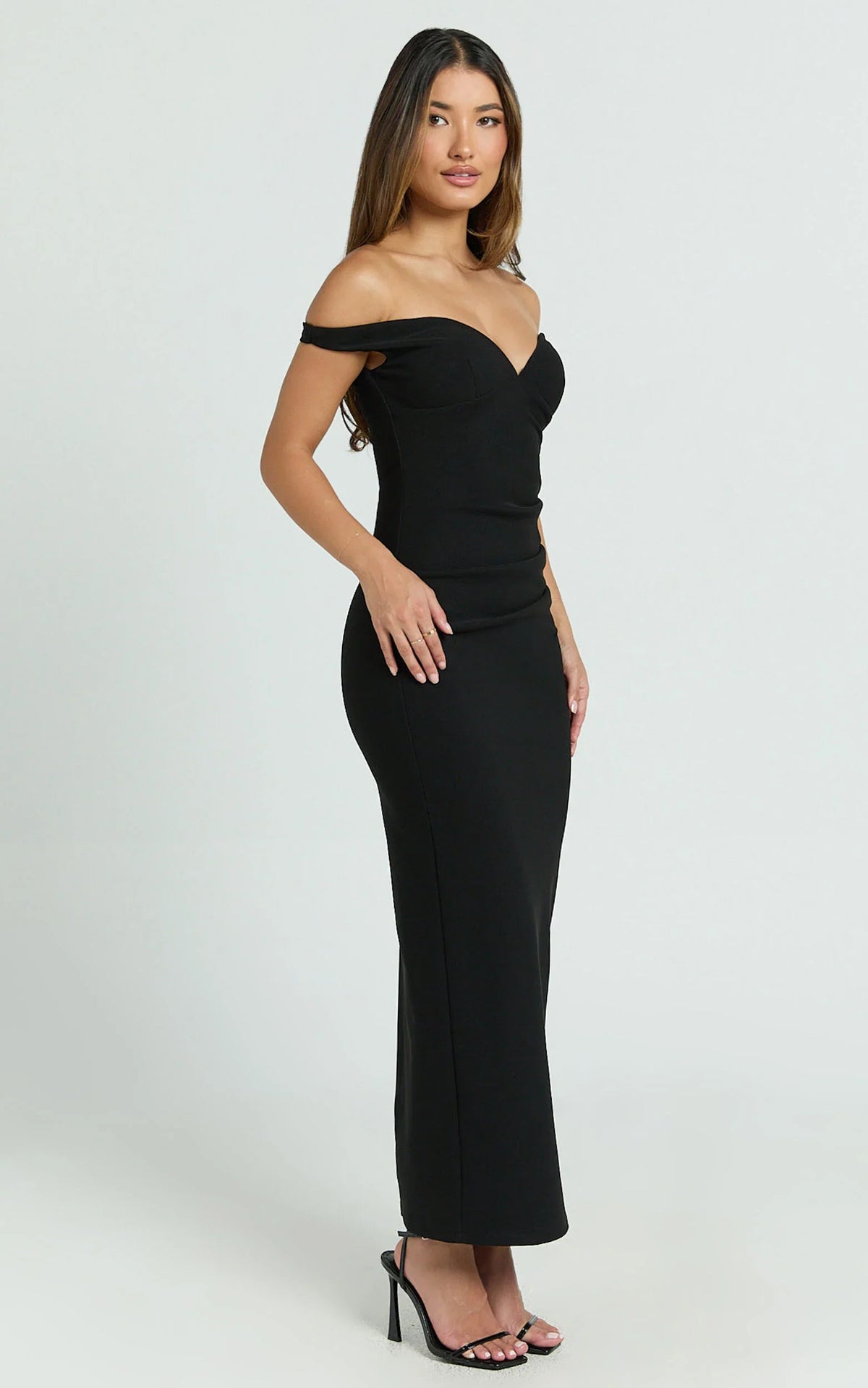 Vinnie Midi Dress - Off Shoulder Bustier Side Tuck Fitted Dress in Black