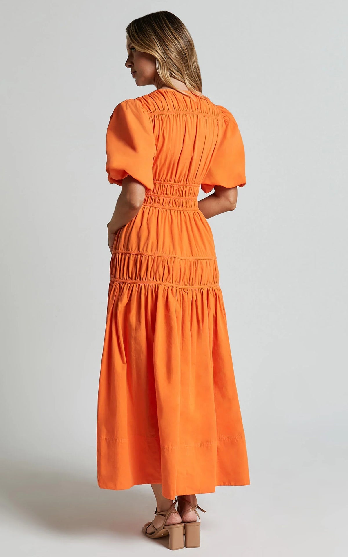 Mellie Midi Dress - Puff Sleeve Plunge Tiered Dress in Orange