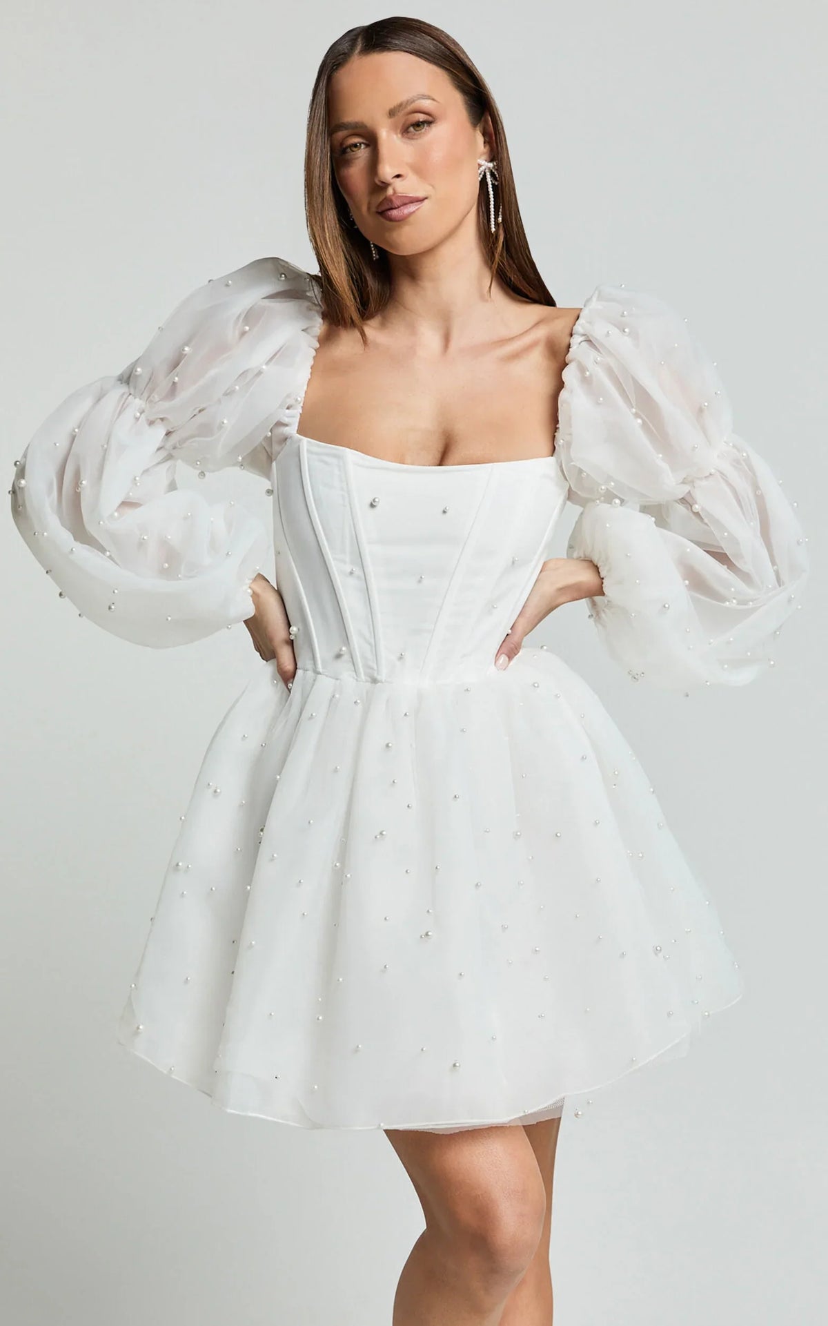 Ingrid Mini Dress - Long Puff Sleeve Pearl Detail Dress in White