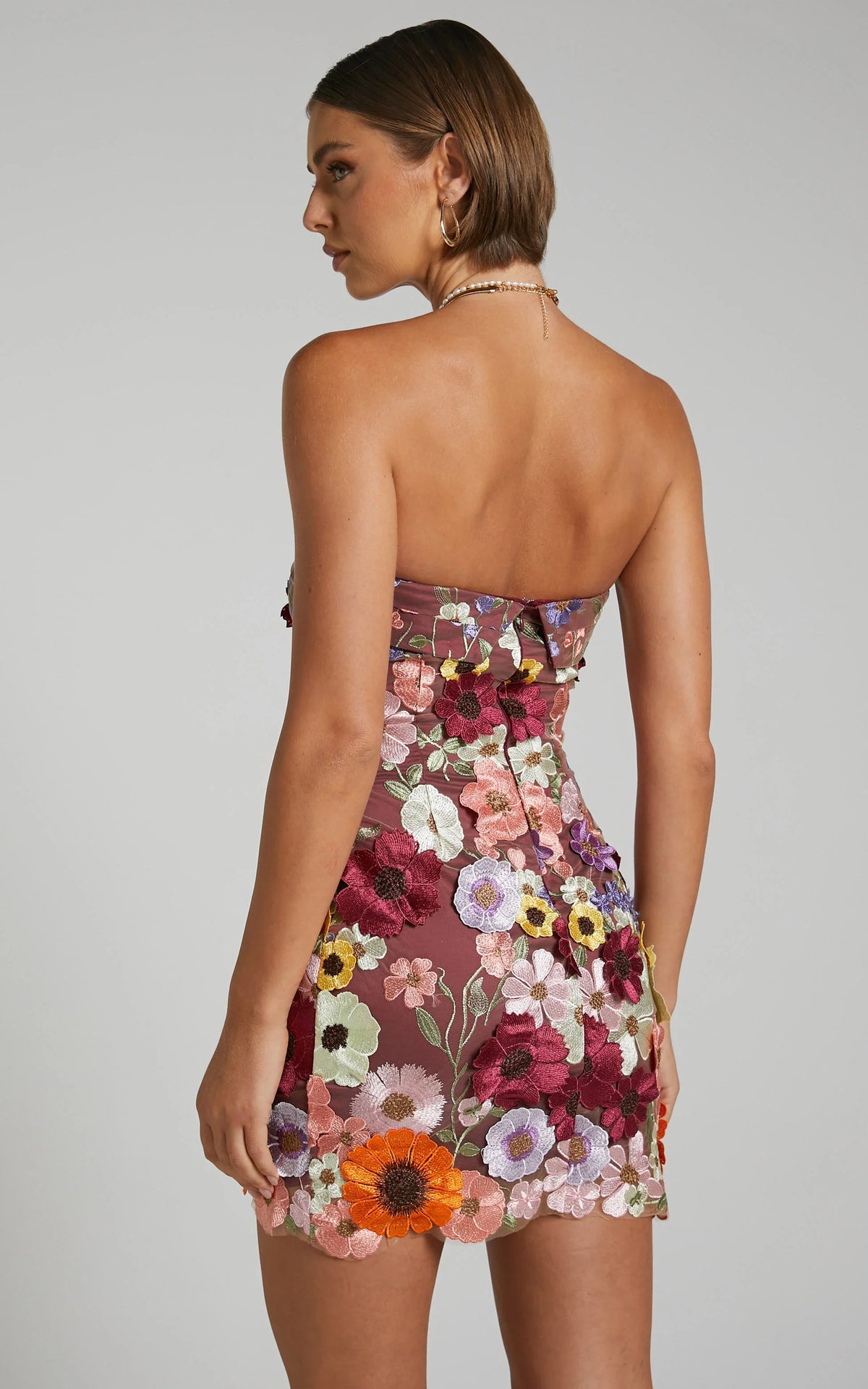 Wren Mini Dress - Strapless Bodycon Garden Flowers Dress in Burgundy