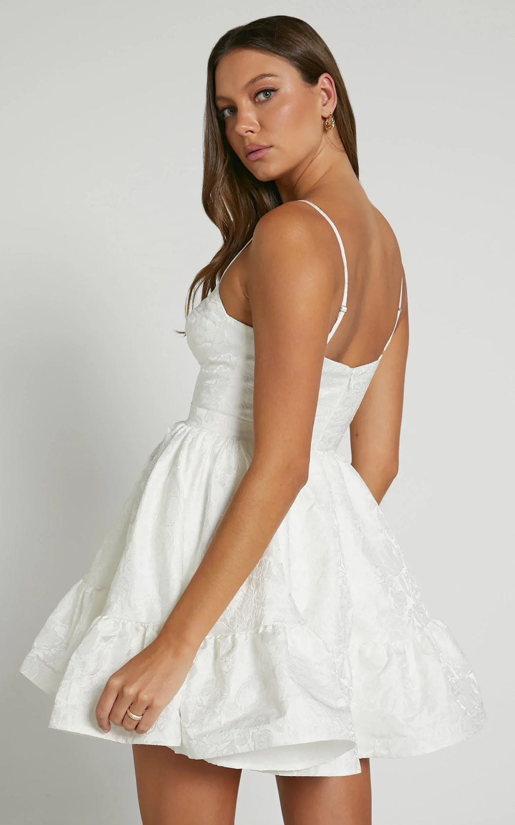 Kena Mini Dress - Jacquard Bustier Dress in White
