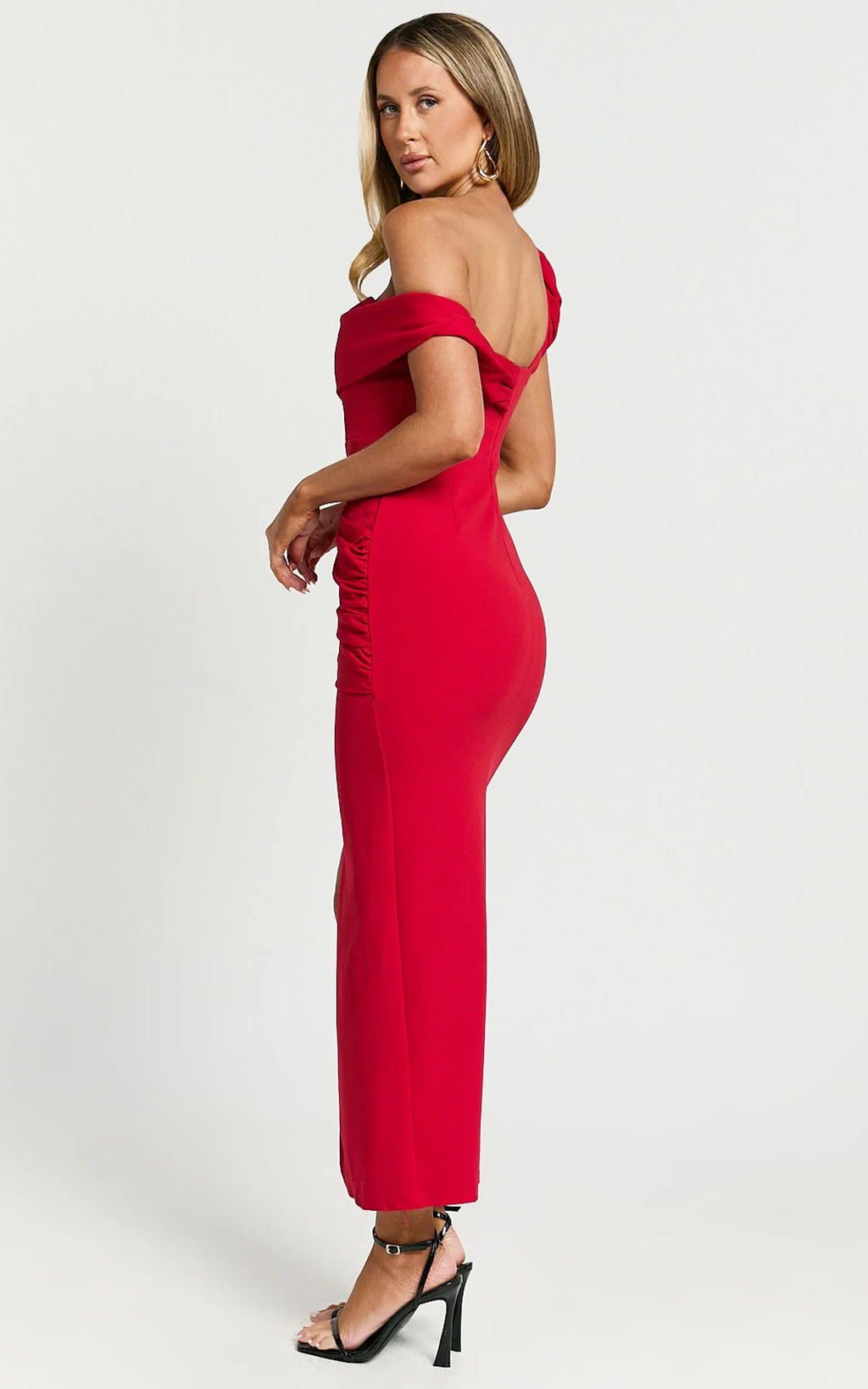 Almaida Midi Dress - Off Shoulder Ruched Side Dress in Red
