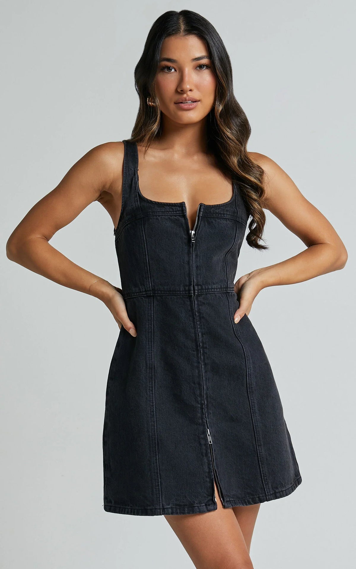 Chrysoula Mini Dress - Square Neck Zip Front Sleeveless Bodycon Denim in Washed Black