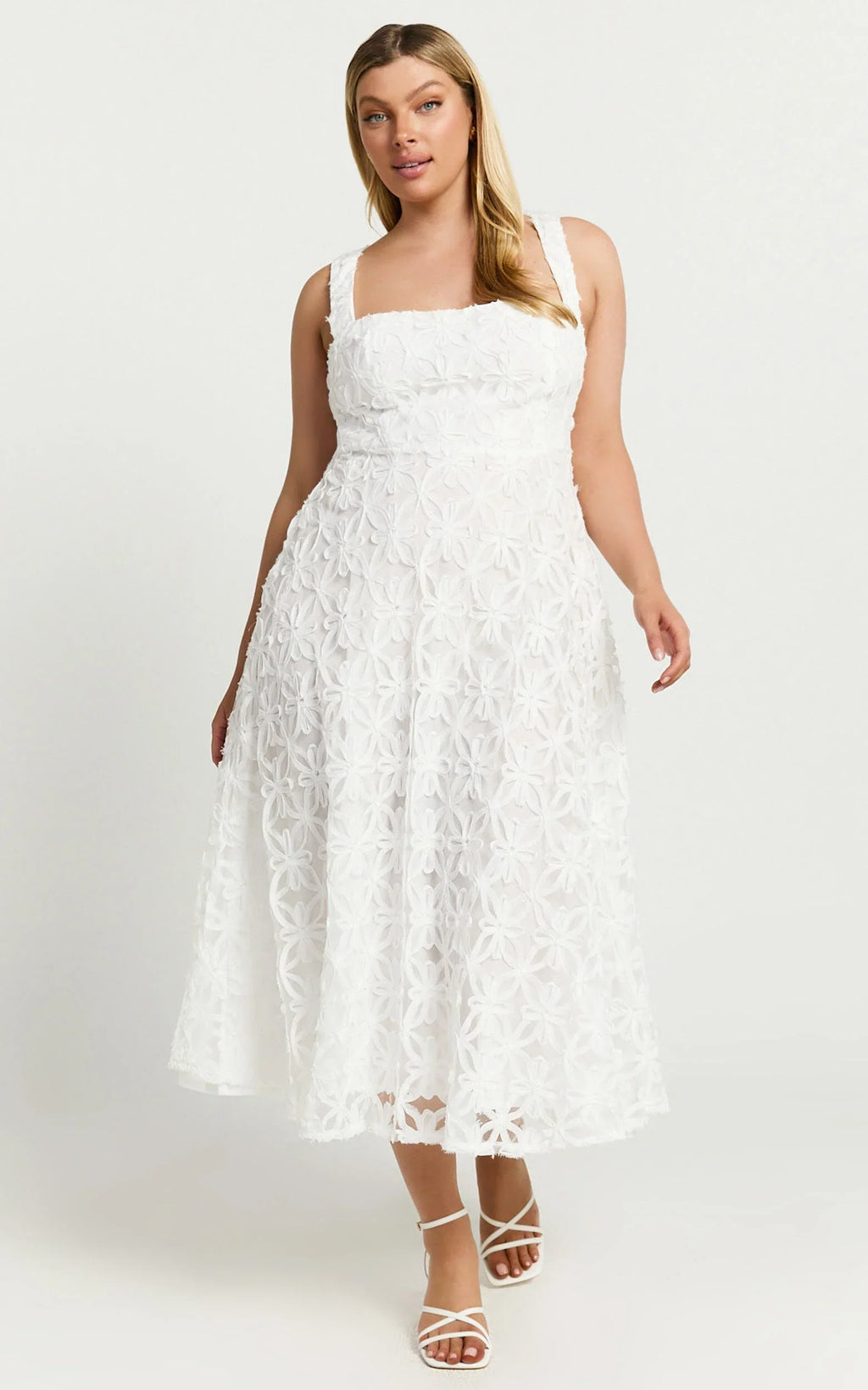 Clarissa Midi Dress - Square Neck Open Back A Line Dress in White