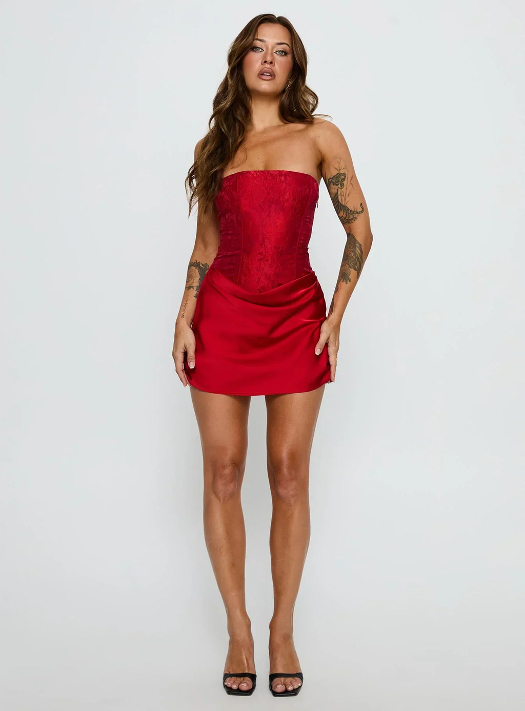 Jenevieve Strapless Drape Mini Dress Red