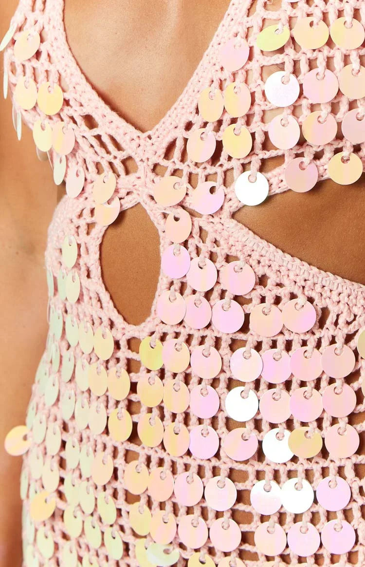 Cindy Pink Sequin Crochet Mini Dress