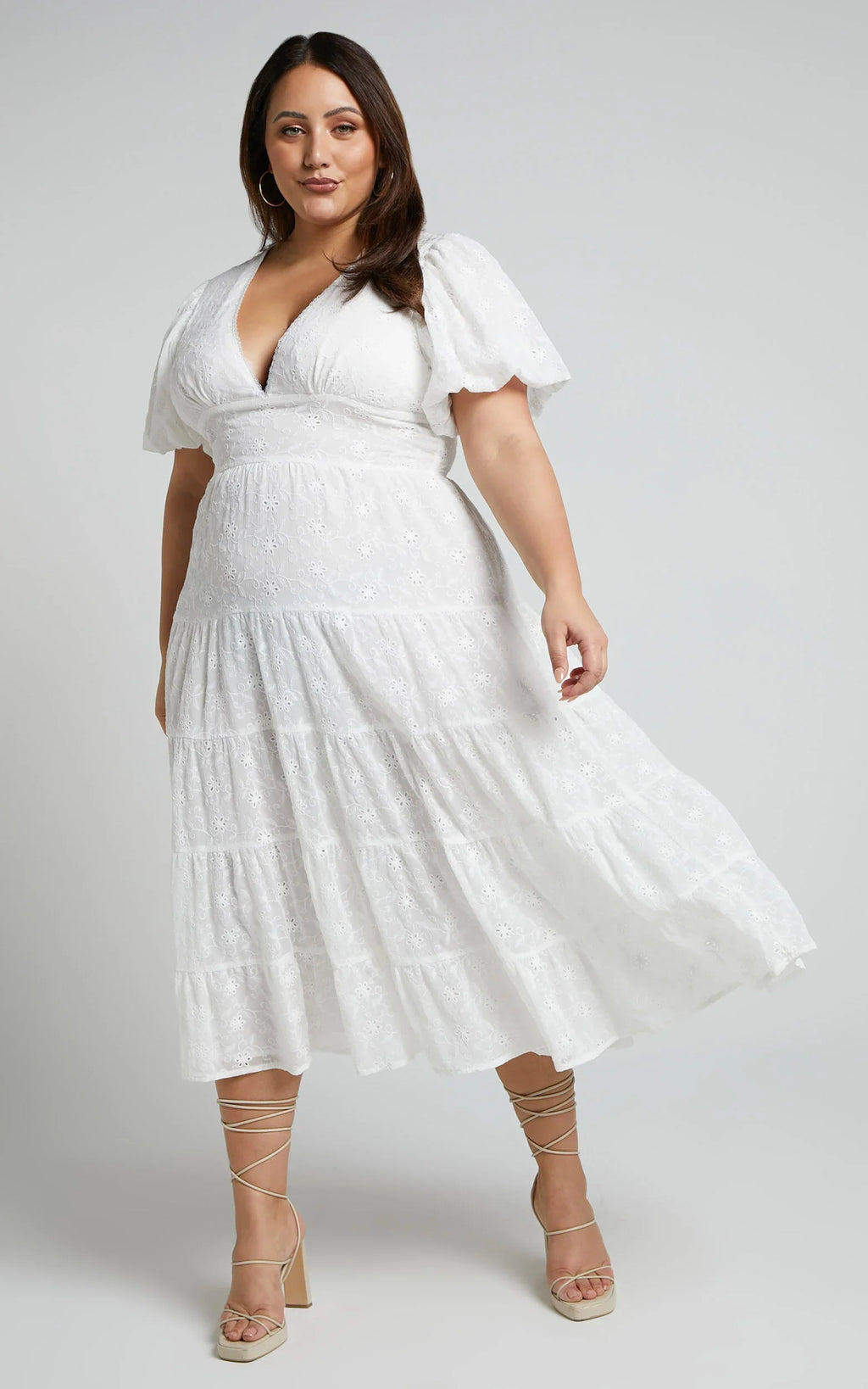 Divora Midi Dress - Plunge Balloon Sleeve Tiered Dress in Ivory