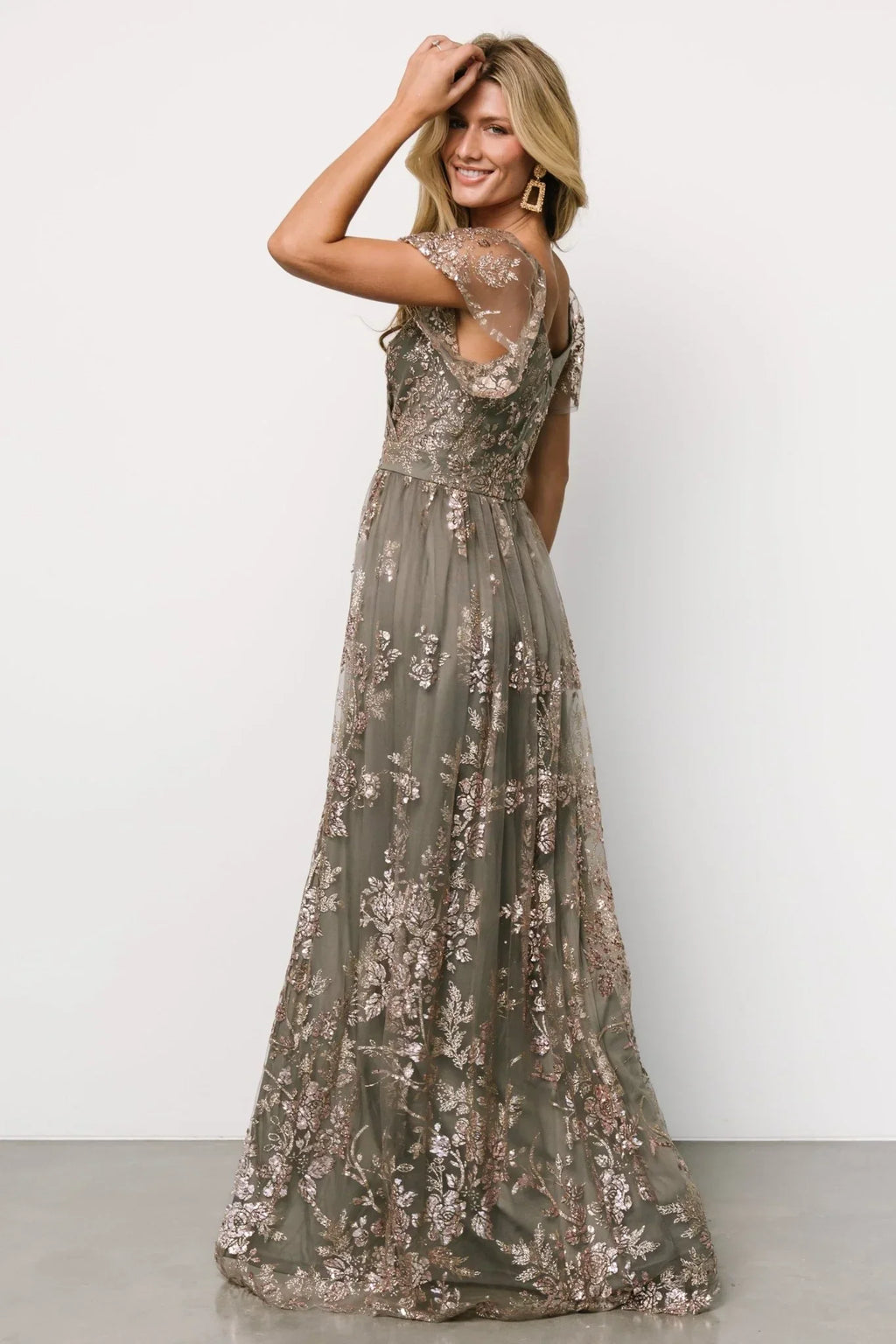 Corinne Shimmer Maxi Gown | Dark Sage + Rose Gold