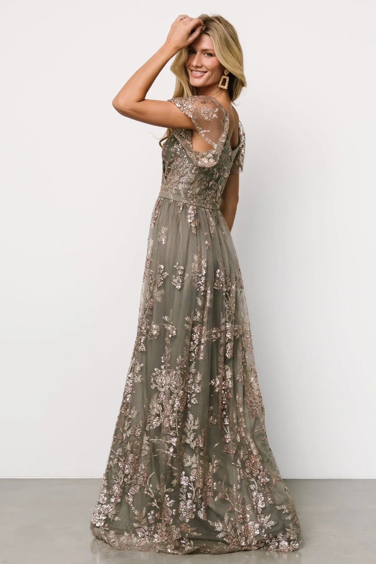 Corinne Shimmer Maxi Gown | Dark Sage + Rose Gold