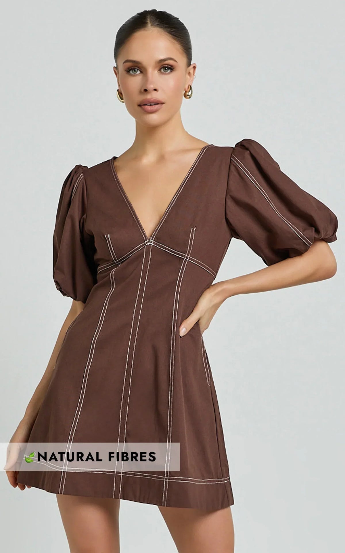 Tallie Mini Dress - Linen Puff Sleeve A Line Dress in Chocolate