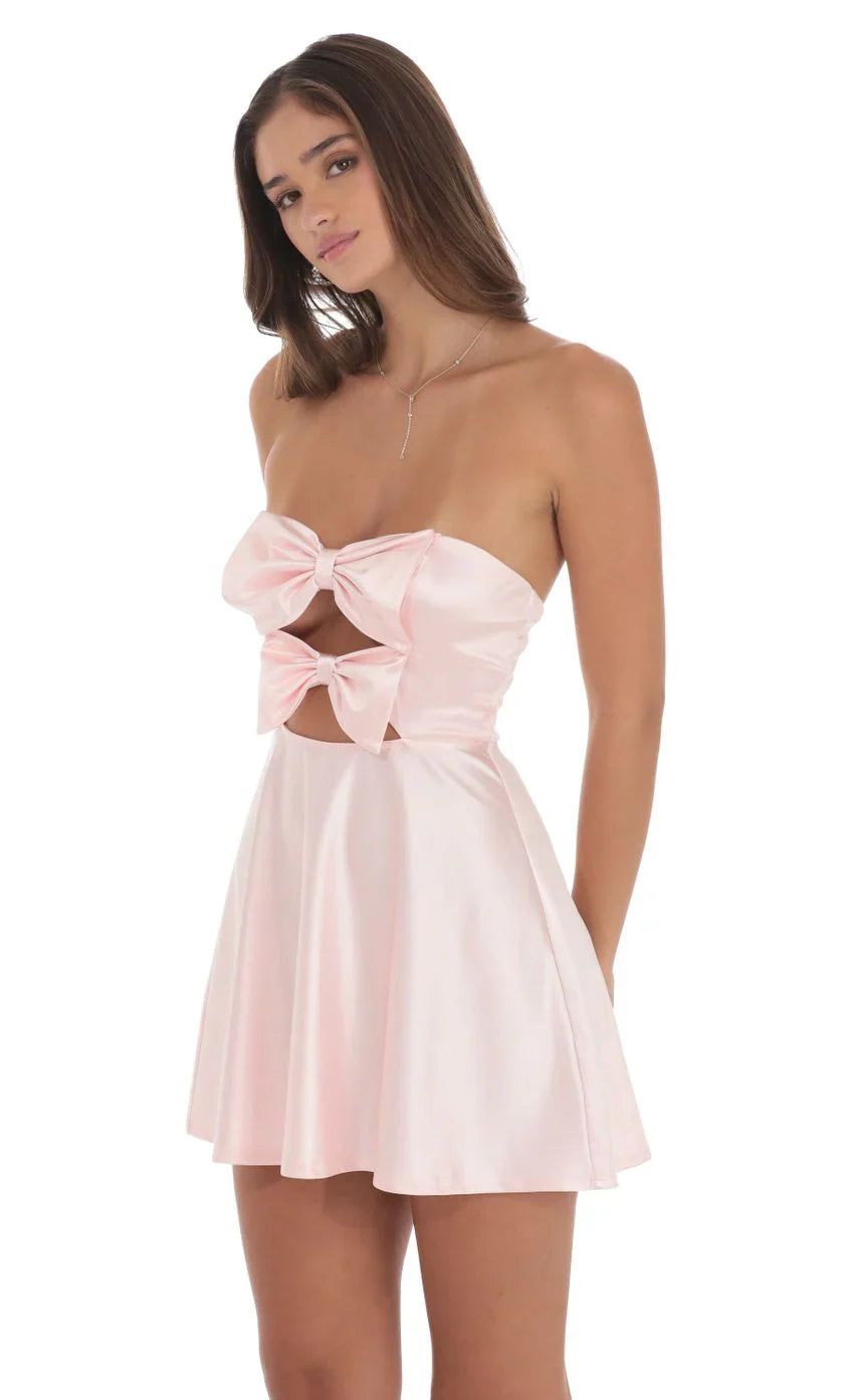Satin Double Bow Cutout Dress in Pink