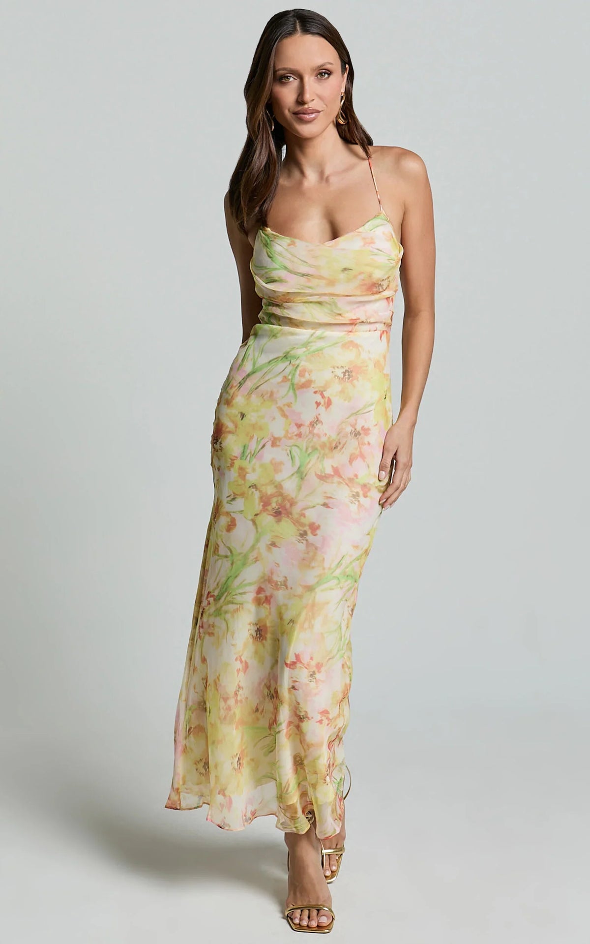 Alessa Midi Dress - Tie Strap Cowl Neck Slip Dress in Yelllow Floral Print