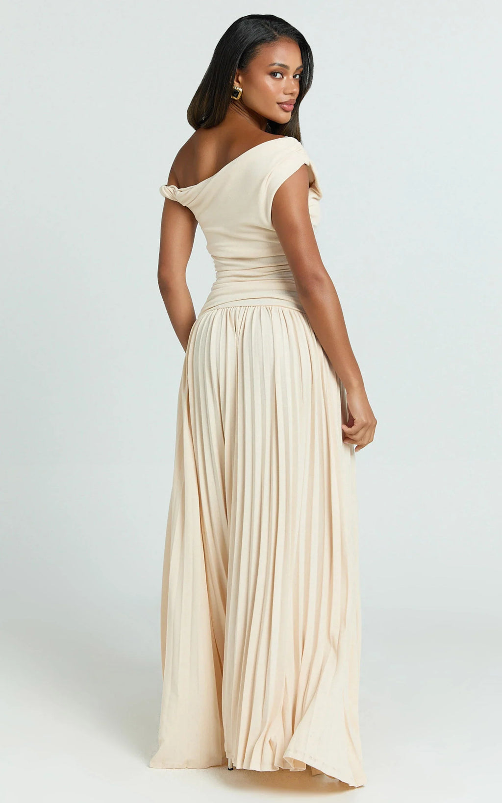 Yvonne Maxi Dress - Jersey Tip Shoulder Ruched Dress in Off White