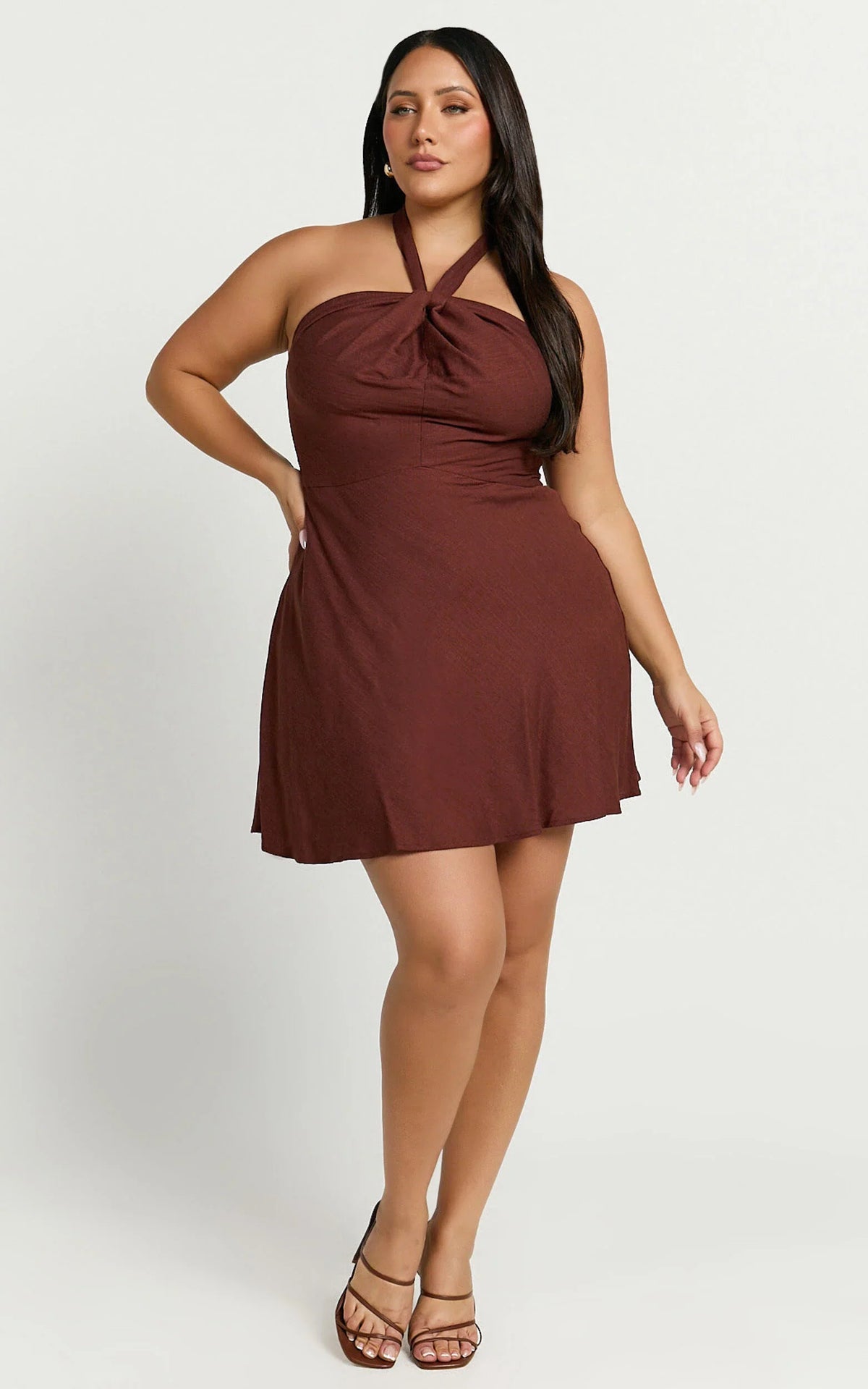Louie Mini Dress - Linen Halter Neck Dress in Chocolate